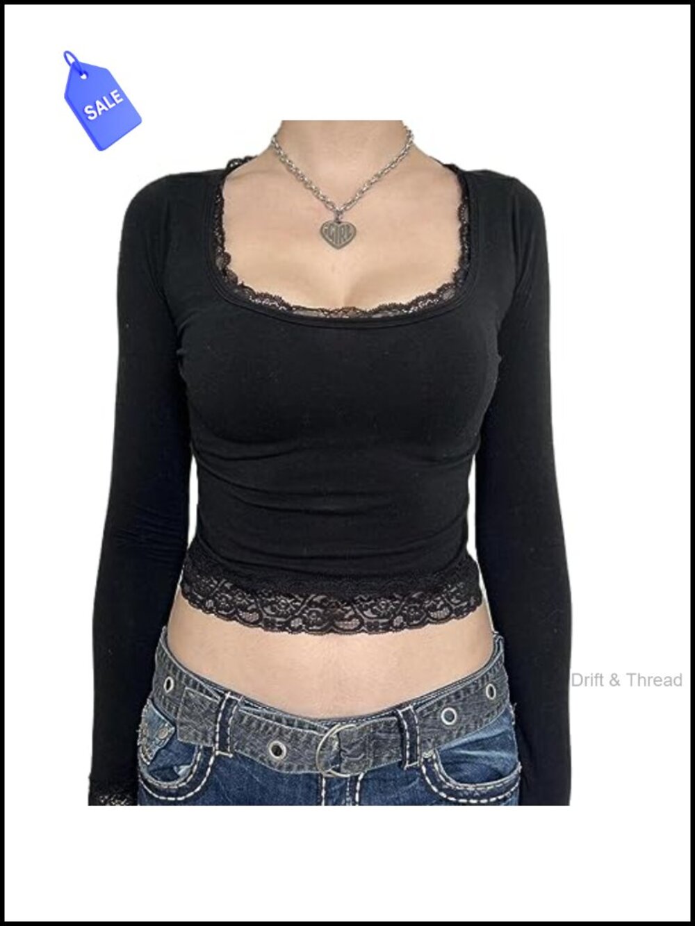Y2K Vintage Long Sleeve Lace Trim Crop Top Square Neck Fitted Tee